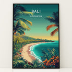 Indlæs billede til gallerivisning Bali Vintage Travel Plakat | Vintage Travel Poster | Denne plakat viser en tropisk strandscene med turkisfarvet vand, frodig grøn natur og palmer. Perfekt til dem, der elsker eksotiske rejsemål.
