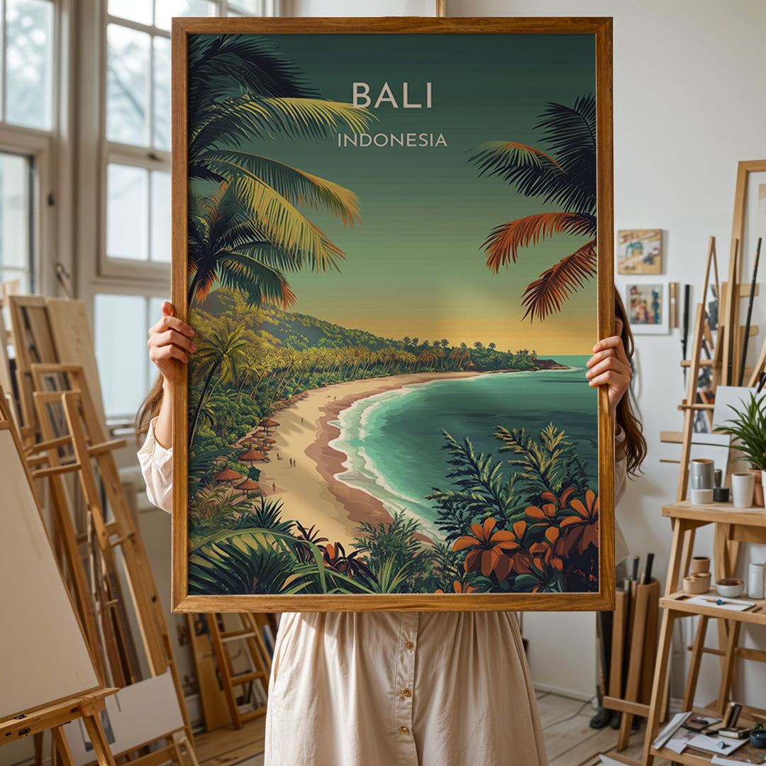 Bali Vintage Travel Plakat | Vintage Travel Poster | Denne plakat viser en tropisk strandscene med turkisfarvet vand, frodig grøn natur og palmer. Perfekt til dem, der elsker eksotiske rejsemål.