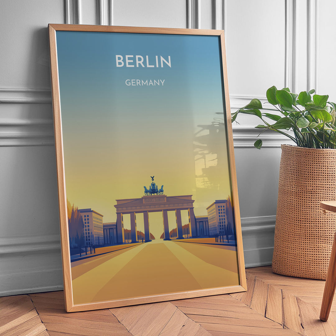 Berlin Vintage Travel Plakat | Vintage Travel Poster | Denne plakat viser Brandenburger Tor i Berlin, Tyskland, med en gradient baggrund fra blå til gul. Perfekt til rejse- og kulturentusiaster.