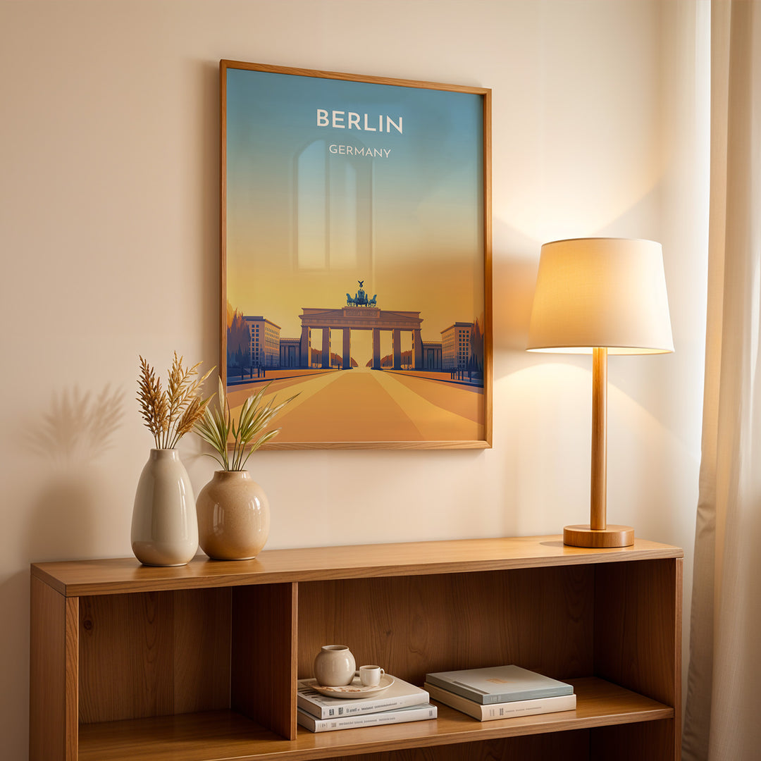 Berlin Vintage Travel Plakat | Vintage Travel Poster | Denne plakat viser Brandenburger Tor i Berlin, Tyskland, med en gradient baggrund fra blå til gul. Perfekt til rejse- og kulturentusiaster.