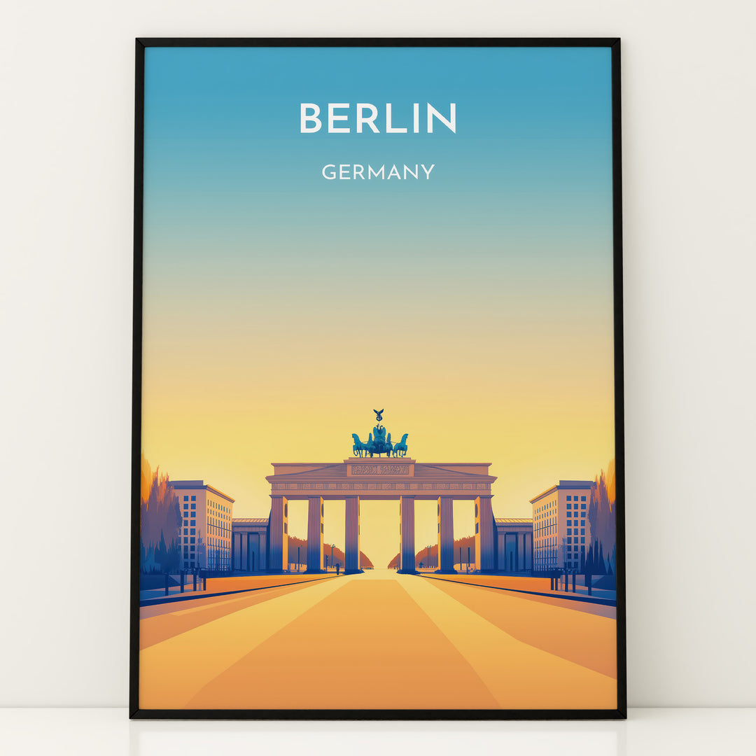 Berlin Vintage Travel Plakat | Vintage Travel Poster | Denne plakat viser Brandenburger Tor i Berlin, Tyskland, med en gradient baggrund fra blå til gul. Perfekt til rejse- og kulturentusiaster.