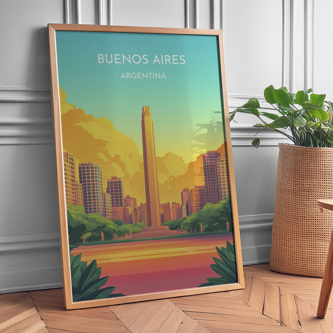 Buenos Aires Vintage Travel Plakat | Vintage Travel Poster | Denne plakat viser en illustration af et monument i Buenos Aires omgivet af moderne bygninger. Farverne går fra turkis til orange og gul, som skaber en livlig atmosfære.