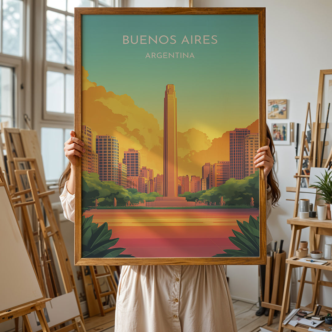 Buenos Aires Vintage Travel Plakat | Vintage Travel Poster | Denne plakat viser en illustration af et monument i Buenos Aires omgivet af moderne bygninger. Farverne går fra turkis til orange og gul, som skaber en livlig atmosfære.