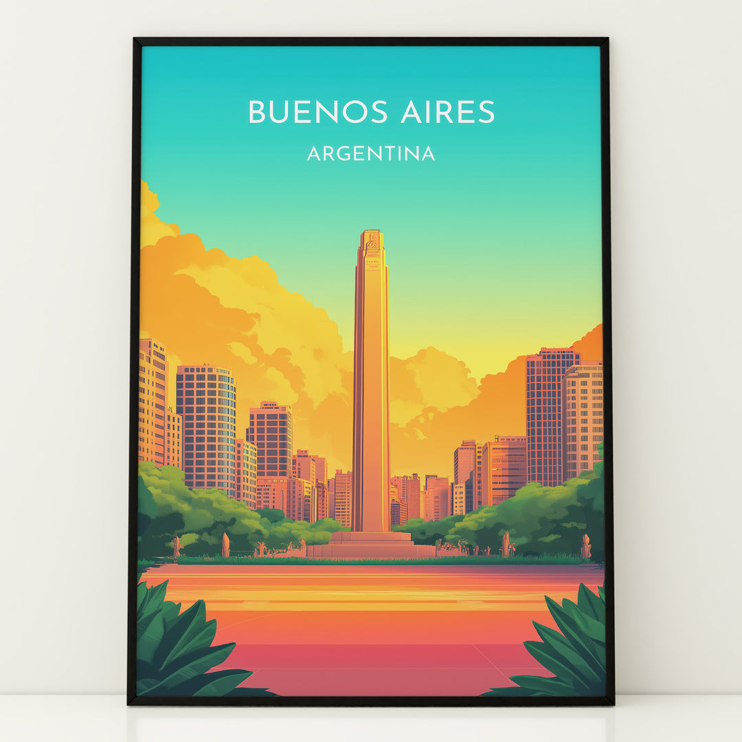 Buenos Aires Vintage Travel Plakat | Vintage Travel Poster | Denne plakat viser en illustration af et monument i Buenos Aires omgivet af moderne bygninger. Farverne går fra turkis til orange og gul, som skaber en livlig atmosfære.