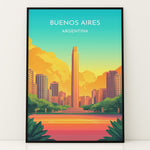 Indlæs billede til gallerivisning Buenos Aires Vintage Travel Plakat | Vintage Travel Poster | Denne plakat viser en illustration af et monument i Buenos Aires omgivet af moderne bygninger. Farverne går fra turkis til orange og gul, som skaber en livlig atmosfære.
