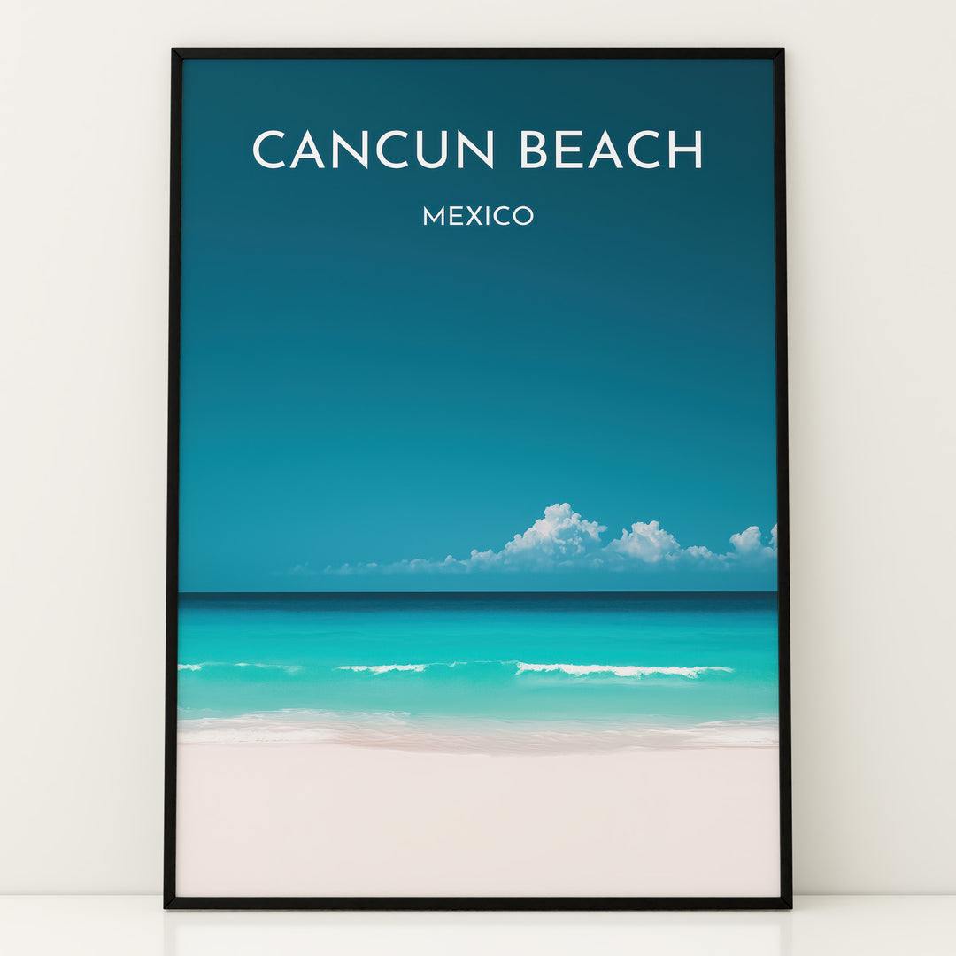 Cancun Beach Vintage Travel Plakat | Vintage Travel Poster | Denne plakat viser Cancun Beach med hvidt sand, turkisblåt vand og en klar blå himmel. Perfekt til tropiske feriestemninger.