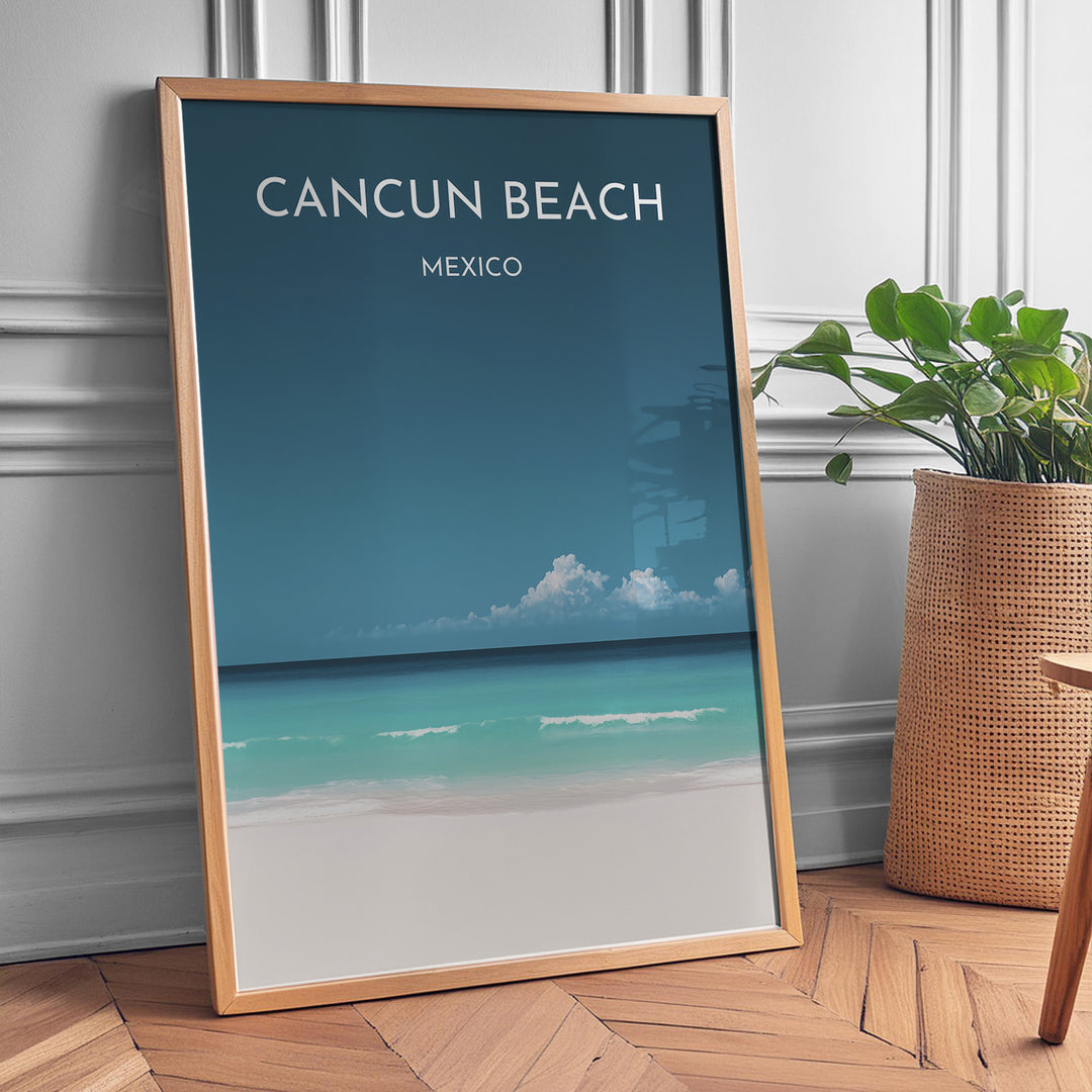 Cancun Beach Vintage Travel Plakat | Vintage Travel Poster | Denne plakat viser Cancun Beach med hvidt sand, turkisblåt vand og en klar blå himmel. Perfekt til tropiske feriestemninger.