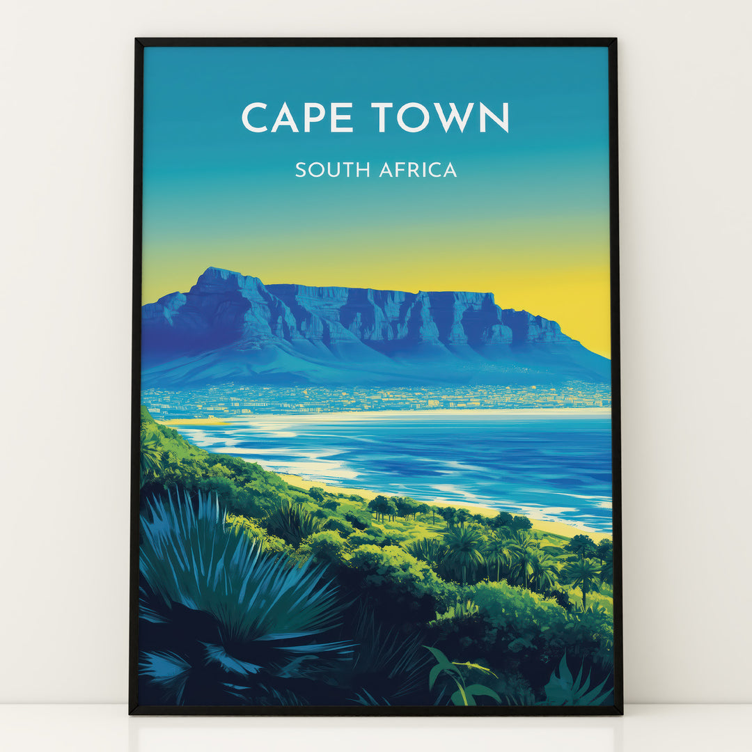 Cape Town Vintage Travel Plakat | Vintage Travel Poster | Denne plakat viser Cape Town med Table Mountain, byens skyline og en kystlinje med frodig grønt. Perfekt til rejse- og naturentusiaster.