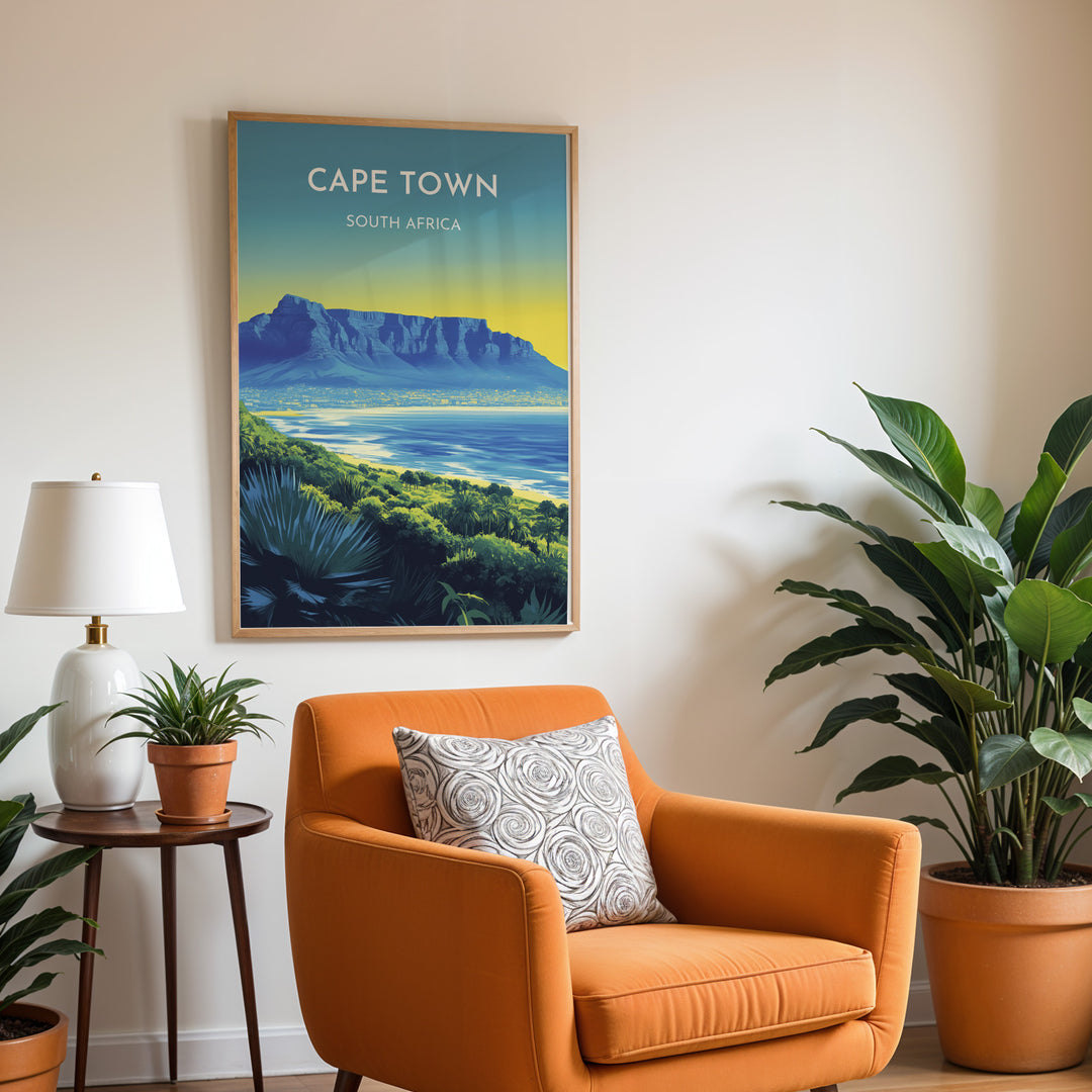 Cape Town Vintage Travel Plakat | Vintage Travel Poster | Denne plakat viser Cape Town med Table Mountain, byens skyline og en kystlinje med frodig grønt. Perfekt til rejse- og naturentusiaster.