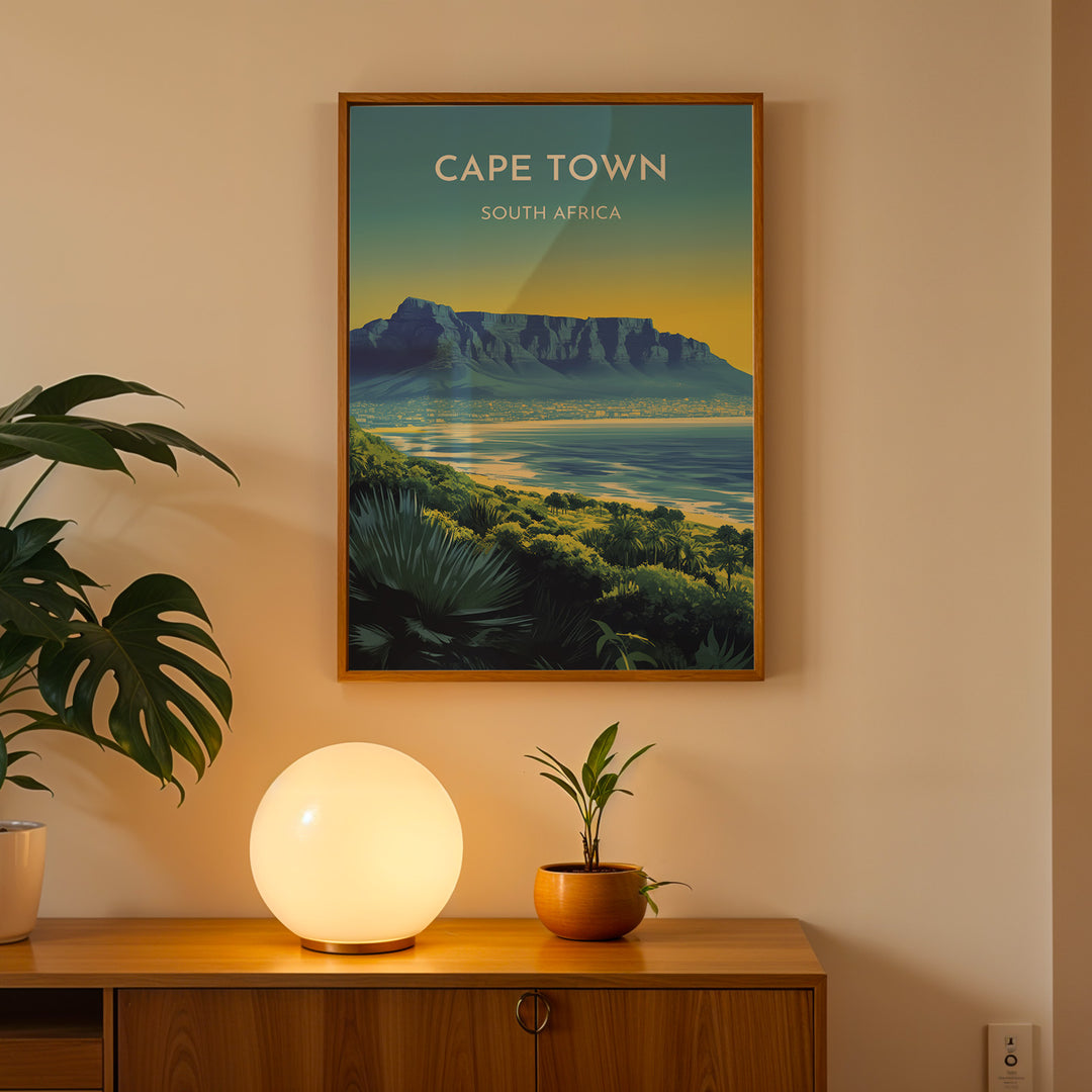 Cape Town Vintage Travel Plakat | Vintage Travel Poster | Denne plakat viser Cape Town med Table Mountain, byens skyline og en kystlinje med frodig grønt. Perfekt til rejse- og naturentusiaster.