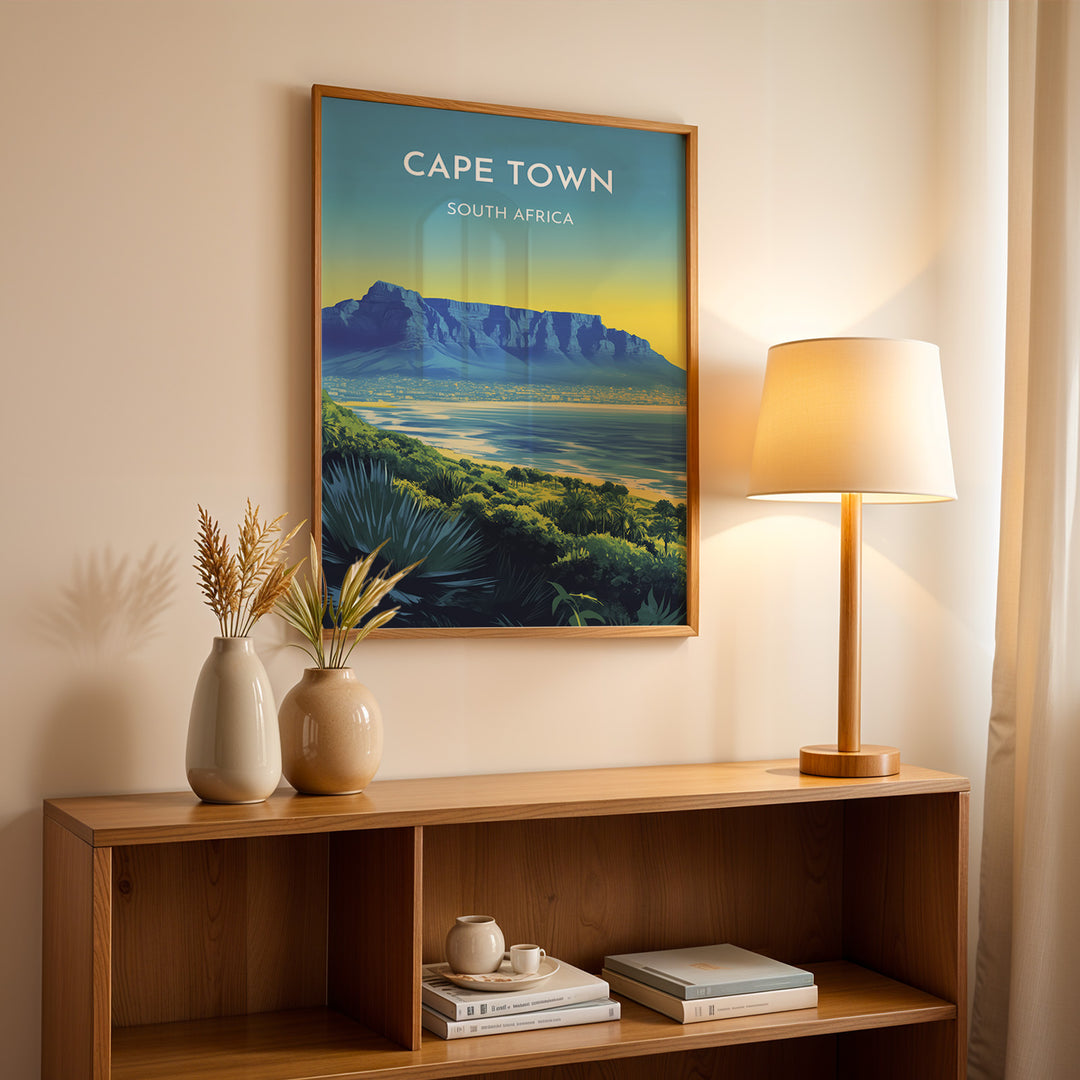 Cape Town Vintage Travel Plakat | Vintage Travel Poster | Denne plakat viser Cape Town med Table Mountain, byens skyline og en kystlinje med frodig grønt. Perfekt til rejse- og naturentusiaster.