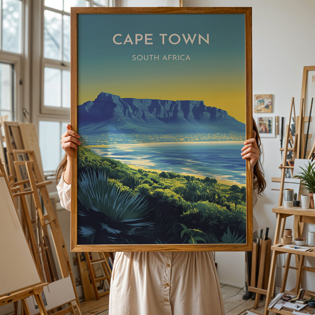 Cape Town Vintage Travel Plakat | Vintage Travel Poster | Denne plakat viser Cape Town med Table Mountain, byens skyline og en kystlinje med frodig grønt. Perfekt til rejse- og naturentusiaster.