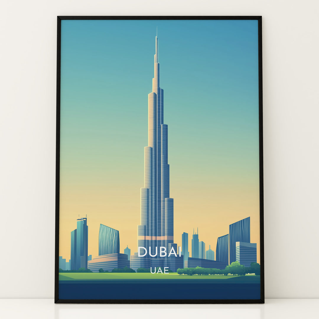 Burj Khalifa Vintage Travel Plakat | Vintage Travel Poster | Denne plakat viser det ikoniske Burj Khalifa i Dubai, UAE, med en gradient himmel og moderne bygninger omkring.