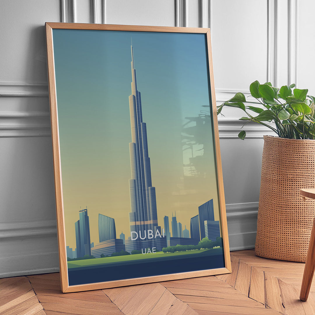 Burj Khalifa Vintage Travel Plakat | Vintage Travel Poster | Denne plakat viser det ikoniske Burj Khalifa i Dubai, UAE, med en gradient himmel og moderne bygninger omkring.