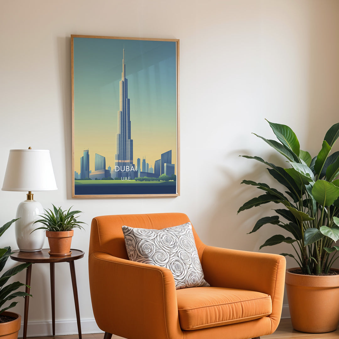 Burj Khalifa Vintage Travel Plakat | Vintage Travel Poster | Denne plakat viser det ikoniske Burj Khalifa i Dubai, UAE, med en gradient himmel og moderne bygninger omkring.