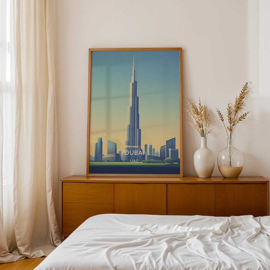 Burj Khalifa Vintage Travel Plakat | Vintage Travel Poster | Denne plakat viser det ikoniske Burj Khalifa i Dubai, UAE, med en gradient himmel og moderne bygninger omkring.