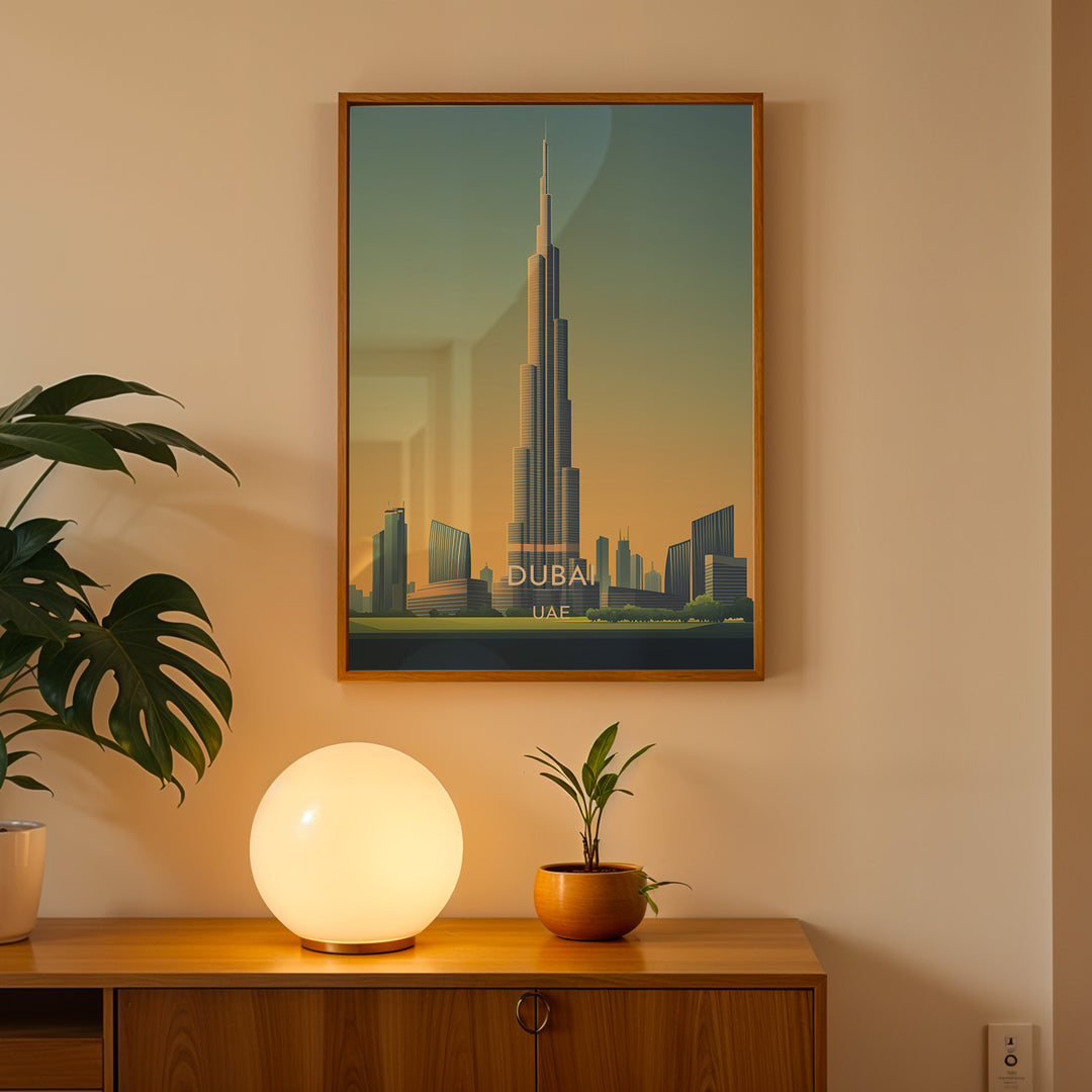 Burj Khalifa Vintage Travel Plakat | Vintage Travel Poster | Denne plakat viser det ikoniske Burj Khalifa i Dubai, UAE, med en gradient himmel og moderne bygninger omkring.