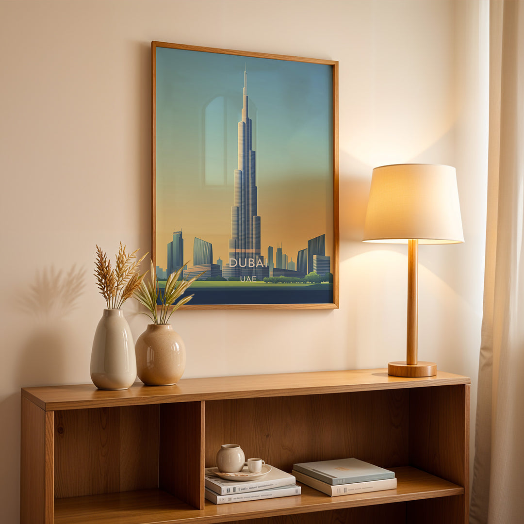 Burj Khalifa Vintage Travel Plakat | Vintage Travel Poster | Denne plakat viser det ikoniske Burj Khalifa i Dubai, UAE, med en gradient himmel og moderne bygninger omkring.