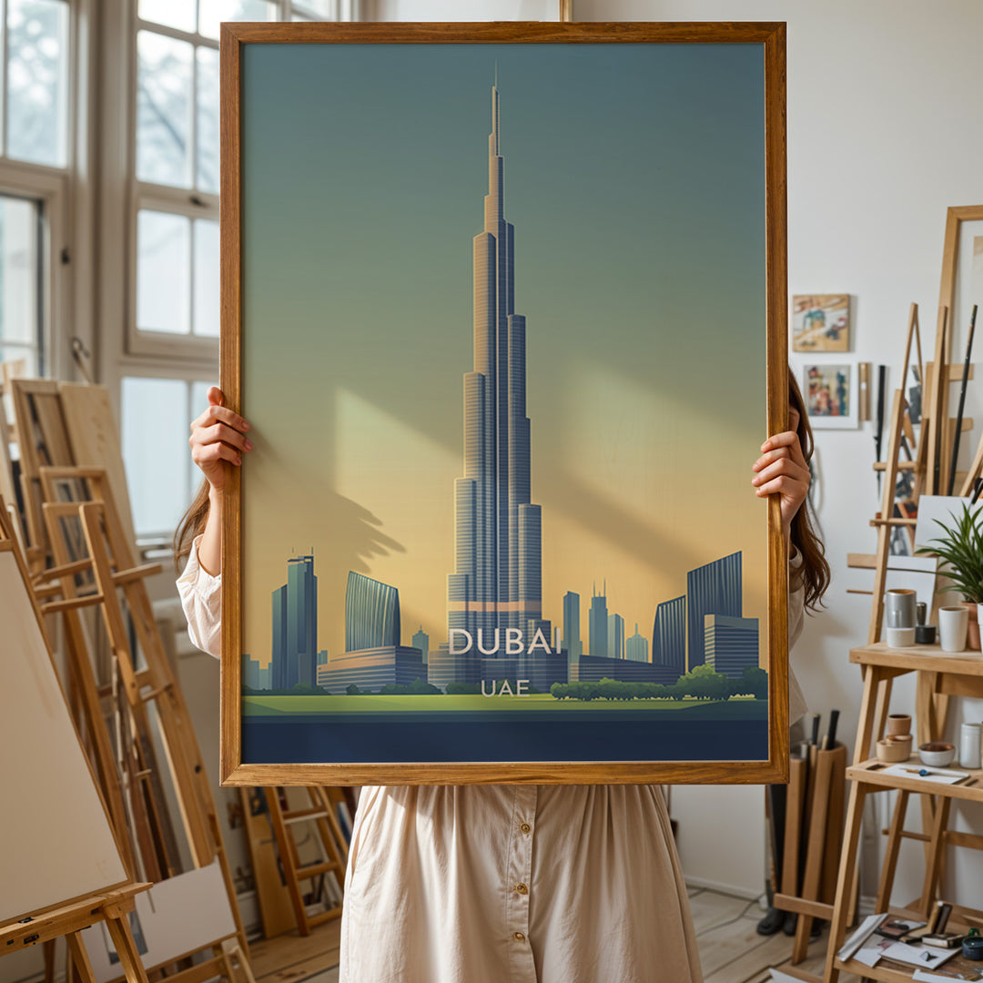 Burj Khalifa Vintage Travel Plakat | Vintage Travel Poster | Denne plakat viser det ikoniske Burj Khalifa i Dubai, UAE, med en gradient himmel og moderne bygninger omkring.