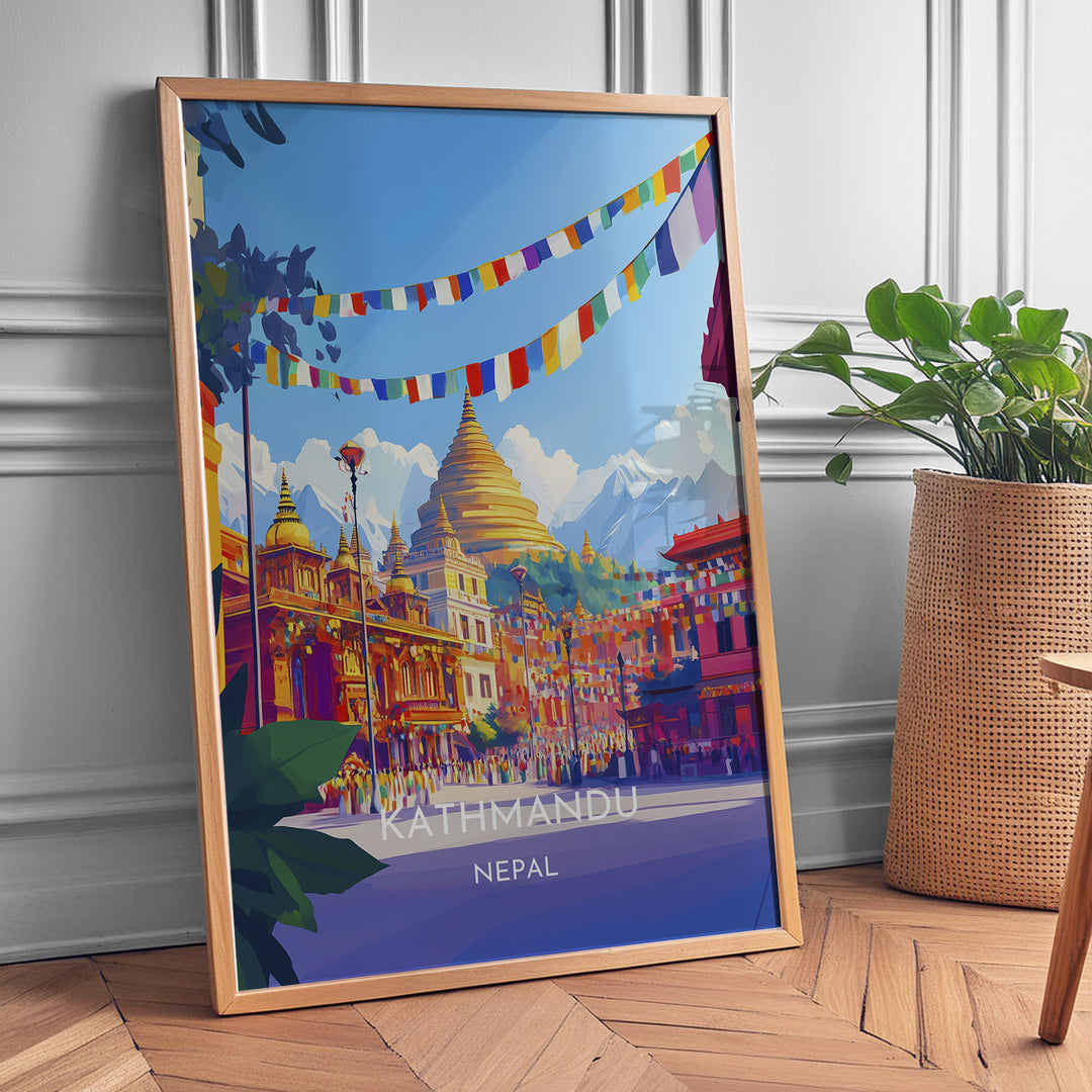 Kathmandu Vintage Travel Plakat | Vintage Travel Poster | Denne plakat viser en gylden stupa omgivet af traditionel nepalesisk arkitektur og farverige bedeflag, med sneklædte bjerge i baggrunden.