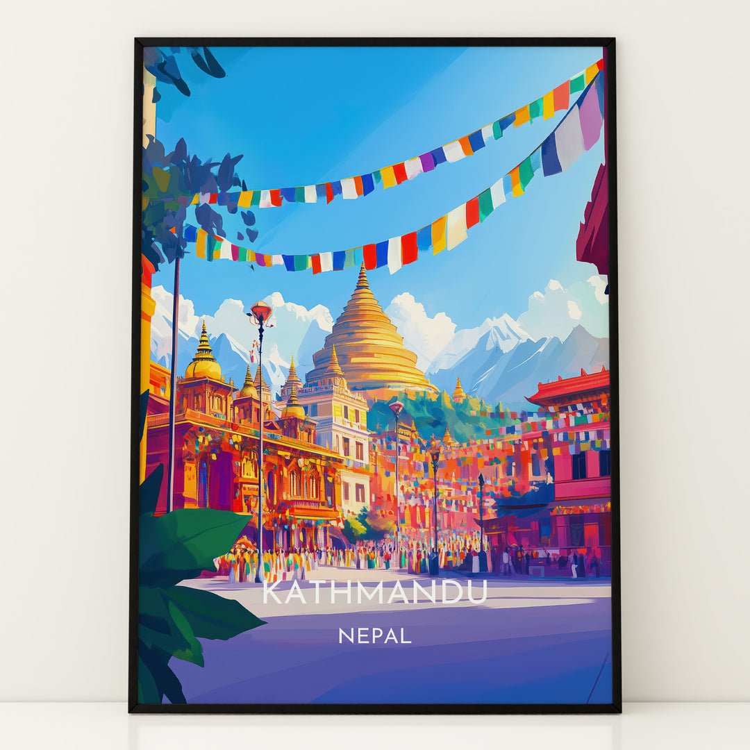 Kathmandu Vintage Travel Plakat | Vintage Travel Poster | Denne plakat viser en gylden stupa omgivet af traditionel nepalesisk arkitektur og farverige bedeflag, med sneklædte bjerge i baggrunden.