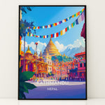 Indlæs billede til gallerivisning Kathmandu Vintage Travel Plakat | Vintage Travel Poster | Denne plakat viser en gylden stupa omgivet af traditionel nepalesisk arkitektur og farverige bedeflag, med sneklædte bjerge i baggrunden.
