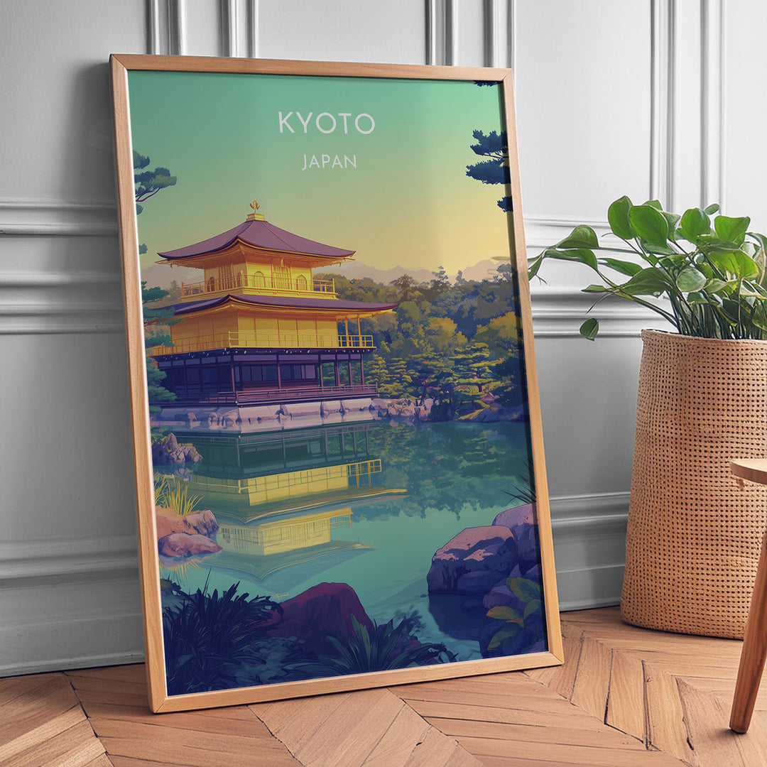 Kinkaku-ji Vintage Travel Plakat | Vintage Travel Poster | Denne plakat viser Den Gyldne Pavillon i Kyoto, Japan, med sin gyldne facade, omgivet af frodig natur og en rolig vandflade.