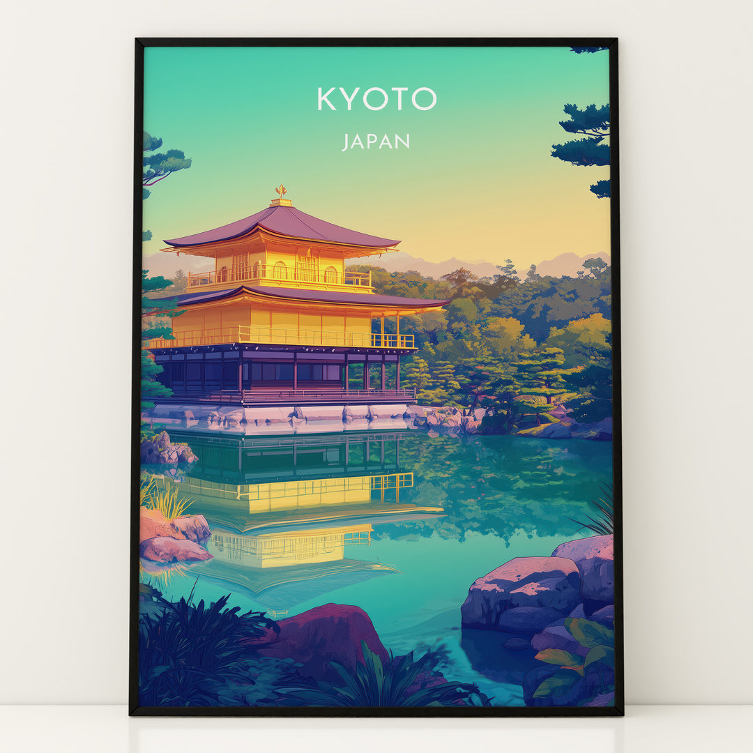 Kinkaku-ji Vintage Travel Plakat | Vintage Travel Poster | Denne plakat viser Den Gyldne Pavillon i Kyoto, Japan, med sin gyldne facade, omgivet af frodig natur og en rolig vandflade.