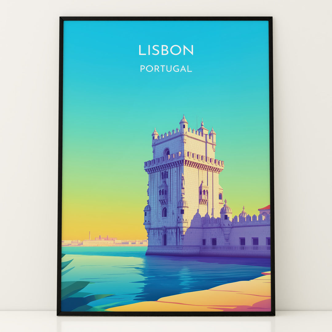 Lissabon Vintage Travel Plakat | Vintage Travel Poster | Denne plakat viser et historisk tårn ved vandet i Lissabon, Portugal, i en farverig og stiliseret illustration.