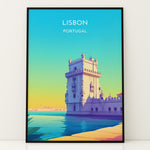 Indlæs billede til gallerivisning Lissabon Vintage Travel Plakat | Vintage Travel Poster | Denne plakat viser et historisk tårn ved vandet i Lissabon, Portugal, i en farverig og stiliseret illustration.
