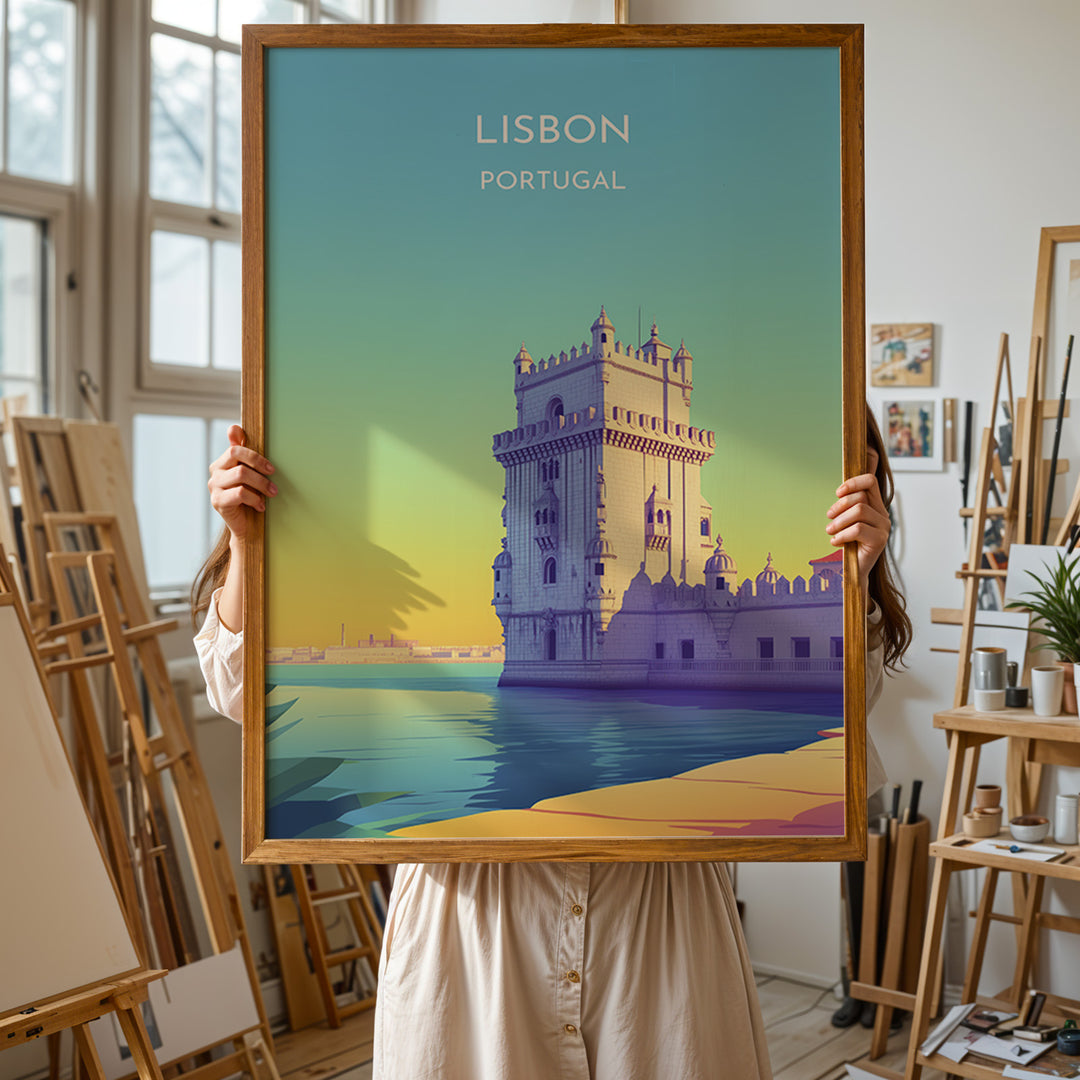 Lissabon Vintage Travel Plakat | Vintage Travel Poster | Denne plakat viser et historisk tårn ved vandet i Lissabon, Portugal, i en farverig og stiliseret illustration.