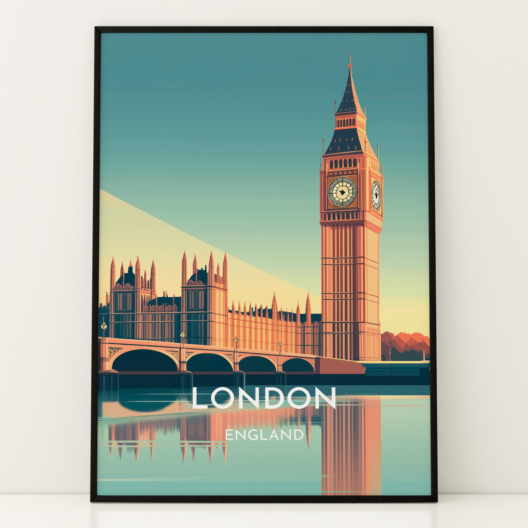 London Vintage Travel Plakat | Vintage Travel Poster | Denne plakat viser en stiliseret illustration af Big Ben og Parlamentsbygningerne i London, England, med deres refleksion i vandet nedenfor. Perfekt til rejse- og arkitekturentusiaster.