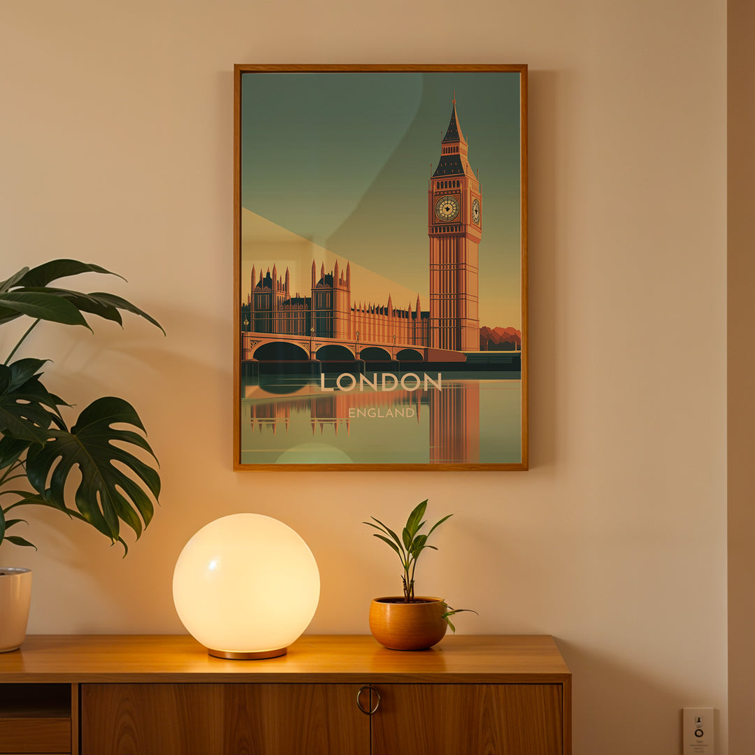 London Vintage Travel Plakat | Vintage Travel Poster | Denne plakat viser en stiliseret illustration af Big Ben og Parlamentsbygningerne i London, England, med deres refleksion i vandet nedenfor. Perfekt til rejse- og arkitekturentusiaster.