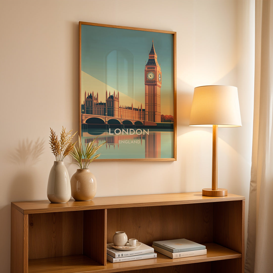 London Vintage Travel Plakat | Vintage Travel Poster | Denne plakat viser en stiliseret illustration af Big Ben og Parlamentsbygningerne i London, England, med deres refleksion i vandet nedenfor. Perfekt til rejse- og arkitekturentusiaster.