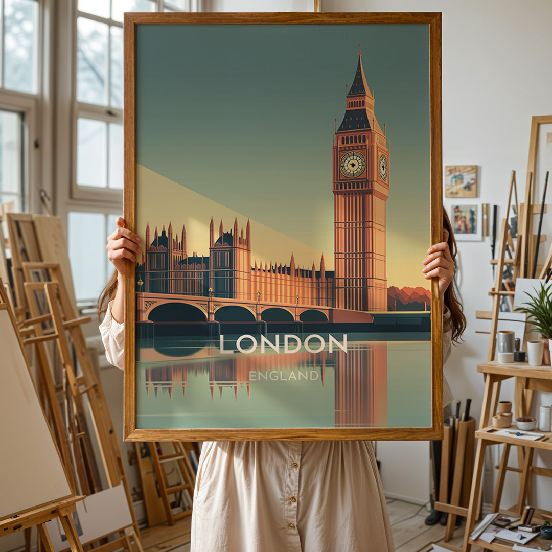 London Vintage Travel Plakat | Vintage Travel Poster | Denne plakat viser en stiliseret illustration af Big Ben og Parlamentsbygningerne i London, England, med deres refleksion i vandet nedenfor. Perfekt til rejse- og arkitekturentusiaster.