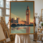 Indlæs billede til gallerivisning London Vintage Travel Plakat | Vintage Travel Poster | Denne plakat viser en stiliseret illustration af Big Ben og Parlamentsbygningerne i London, England, med deres refleksion i vandet nedenfor. Perfekt til rejse- og arkitekturentusiaster.
