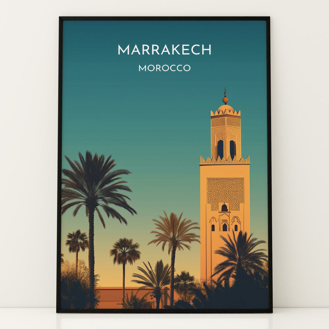 Marrakech Vintage Travel Plakat | Vintage Travel Poster | Denne plakat viser en stiliseret illustration af Marrakech med en høj minaret og palmetræer mod en gradienthimmel.