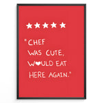 Indlæs billede til gallerivisning Red wall art with five stars and the funny quote “Chef was cute, would eat here again” — humorous kitchen décor print.
