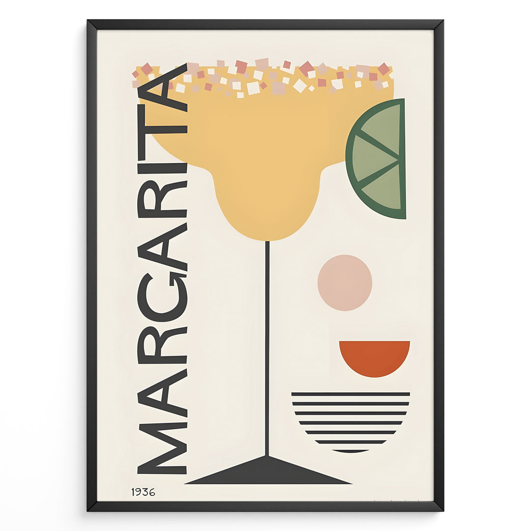 Modern geometric art print of a margarita cocktail glass with lime slice and salt rim — minimalist bar and kitchen wall décor.