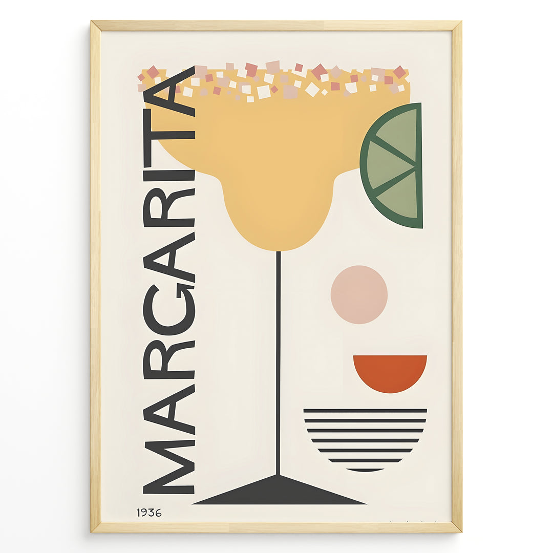 Modern geometric art print of a margarita cocktail glass with lime slice and salt rim — minimalist bar and kitchen wall décor.