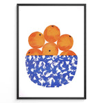 Indlæs billede til gallerivisning Abstract art print of a blue patterned bowl filled with oranges — modern minimalist kitchen wall décor.
