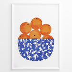 Indlæs billede til gallerivisning Abstract art print of a blue patterned bowl filled with oranges — modern minimalist kitchen wall décor.
