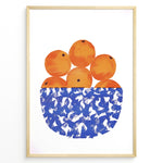 Indlæs billede til gallerivisning Abstract art print of a blue patterned bowl filled with oranges — modern minimalist kitchen wall décor.
