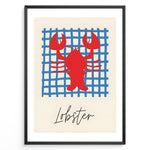 Indlæs billede til gallerivisning Red lobster illustration on a blue grid background with the word “Lobster” — coastal nautical kitchen wall art.
