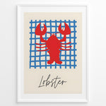 Indlæs billede til gallerivisning Red lobster illustration on a blue grid background with the word “Lobster” — coastal nautical kitchen wall art.

