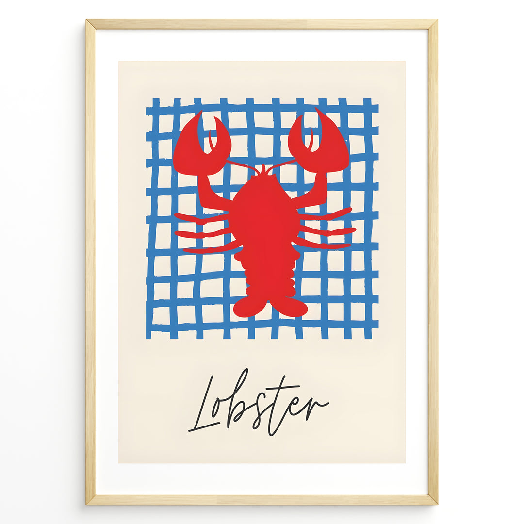 Red lobster illustration on a blue grid background with the word “Lobster” — coastal nautical kitchen wall art.