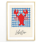 Indlæs billede til gallerivisning Red lobster illustration on a blue grid background with the word “Lobster” — coastal nautical kitchen wall art.
