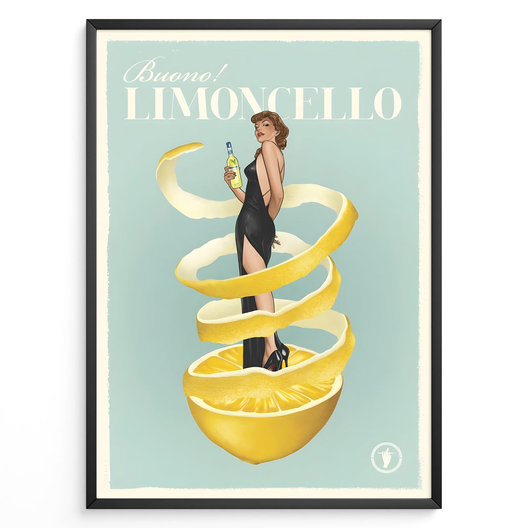 Vintage Limoncello poster featuring a woman in a black dress wrapped in lemon peel holding a bottle of Limoncello on a pastel background.