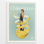 Indlæs billede til gallerivisning Vintage Limoncello poster featuring a woman in a black dress wrapped in lemon peel holding a bottle of Limoncello on a pastel background.
