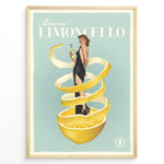 Indlæs billede til gallerivisning Vintage Limoncello poster featuring a woman in a black dress wrapped in lemon peel holding a bottle of Limoncello on a pastel background.
